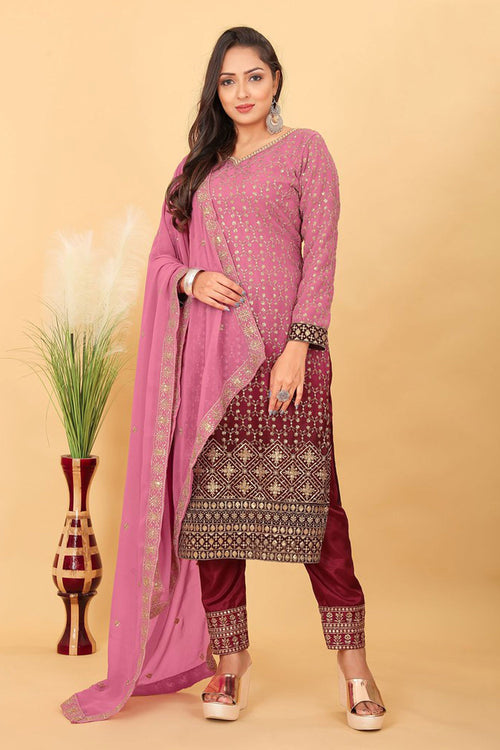 Pink Georgette Embroidered Readymade Straight Cut Salwar Kameez