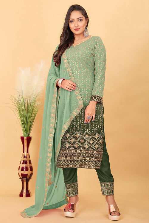 Embroidered Sea Green Georgette Readymade Straight Cut Salwar Suit