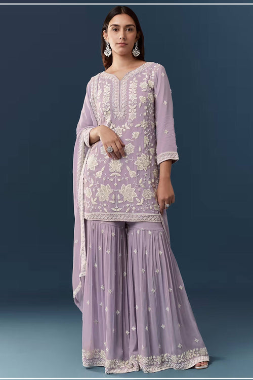 Georgette Chiffon Lavender Palazzo Suit With Dupatta