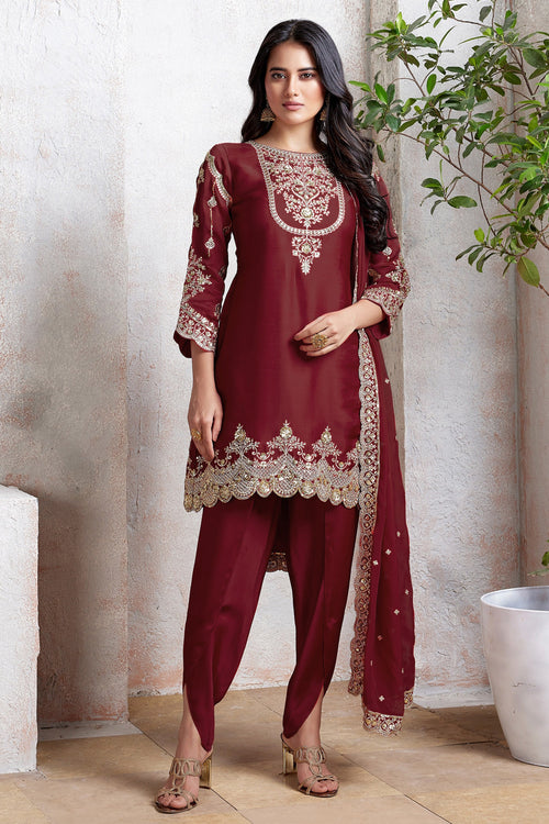 Maroon Embroidered Art Silk Patiala Suit