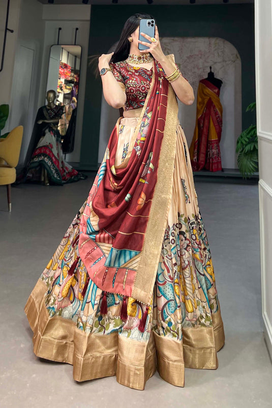 Excellent Dola Silk Fabric Cream Color kalamkari printed Lehenga