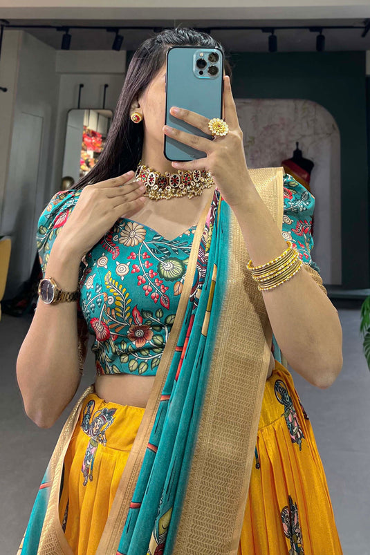 Incredible Dola Silk Fabric Yellow Color kalamkari printed Lehenga