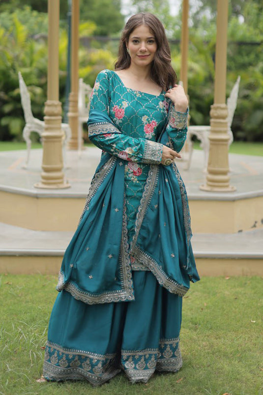 Blue Color Embroidered Readymade Palazzo Suit