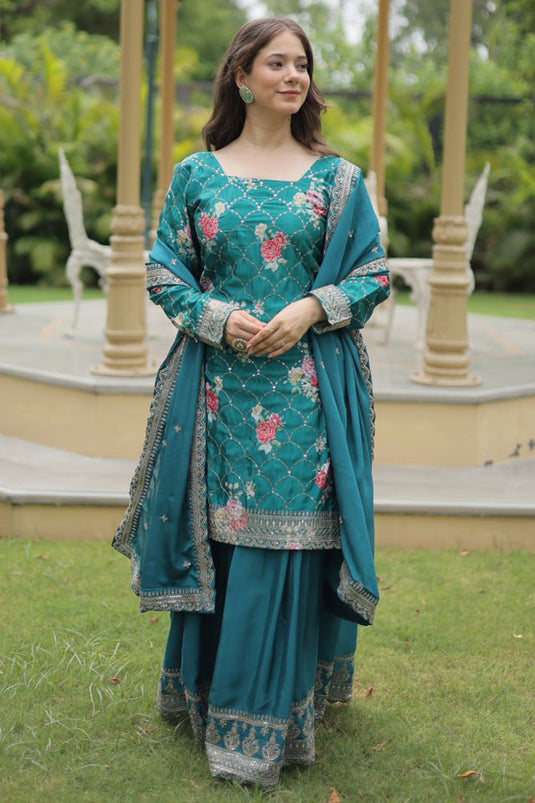 Blue Color Embroidered Readymade Palazzo Suit