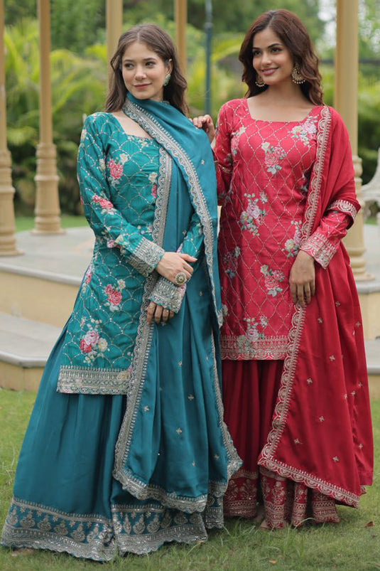 Blue Color Embroidered Readymade Palazzo Suit