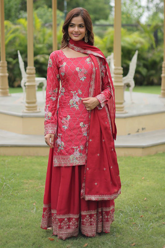 Chinon Fabric Red Color Readymade Palazzo Salwar Suit