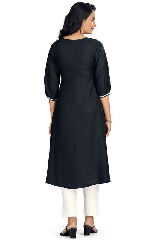 Engaging Black Color Rayon Fabric Readymade Embroidered Kurti