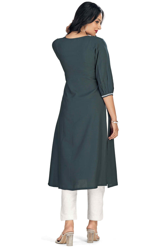 Ingenious Rayon Fabric Grey Color Readymade Embroidered Kurti