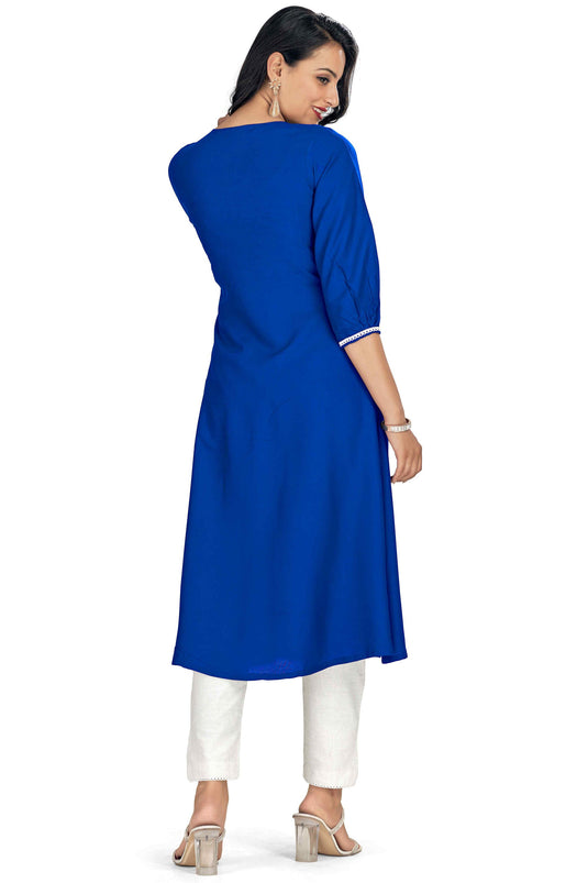 Bewitching Rayon Fabric Readymade Embroidered Kurti In Blue Color