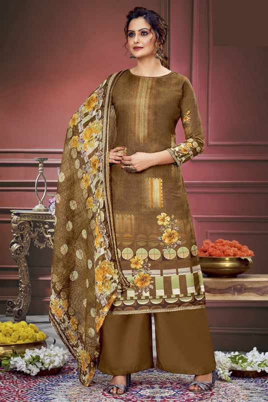 Marvellous Printed Work On Muslin Fabric Salwar Suit In Chikoo Color