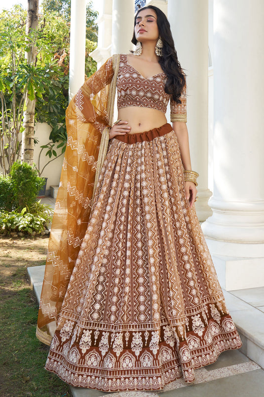 Amazing Sequins Work On Brown Color Net Fabric Lehenga