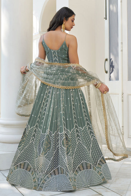 Sequins Work On Net Fabric Sea Green Color Gorgeous Lehenga