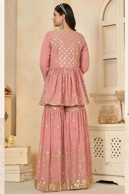 Stylish Sequins Designs Georgette Peach Color Readymade Palazzo Suit For Party