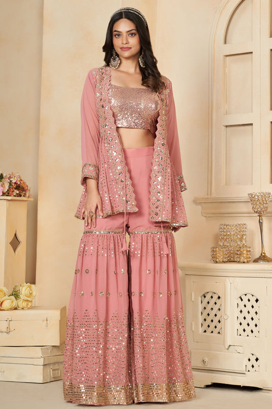 Stylish Sequins Designs Georgette Peach Color Readymade Palazzo Suit For Party