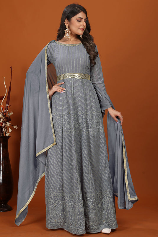 Georgette Fabric Embroidered Work Magnificent Gown With Dupatta In Grey Color