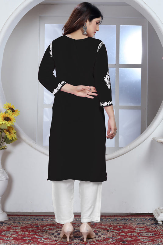 Ingenious Rayon Fabric Black Color Chikankari Embroidered Kurti With Bottom