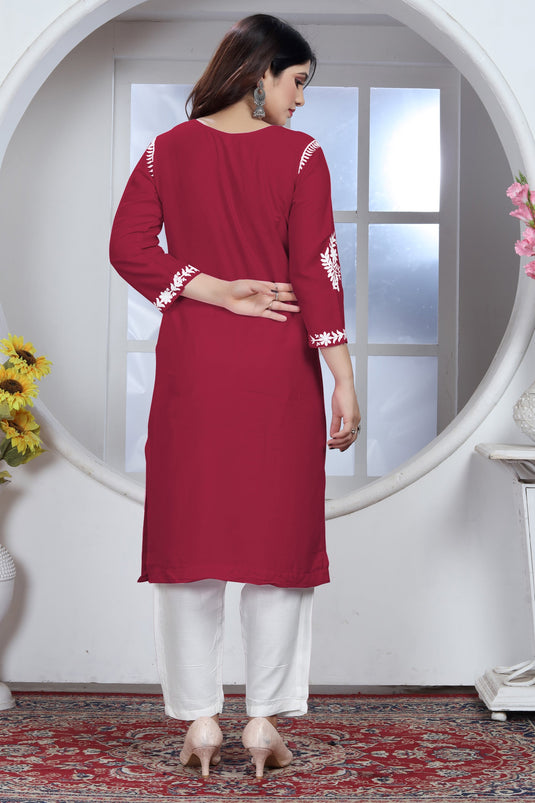 Beguiling Maroon Color Rayon Fabric Chikankari Embroidered Kurti With Bottom