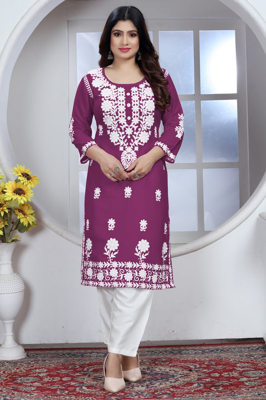 Tempting Rayon Fabric Wine Color Chikankari Embroidered Kurti With Bottom