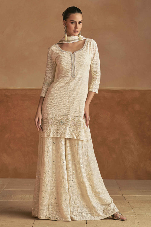 Traditional Off White Embroidered Georgette Readymade Palazzo Dress