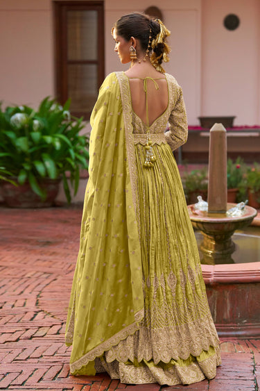 Embroidery Work Olive Readymade Long Top And Skirt
