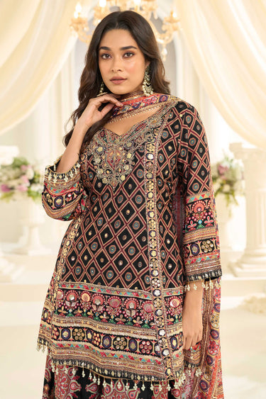 Traditional Black Designer Printed Crepe Silk Readymade Palazzo Salwar Kameez Set