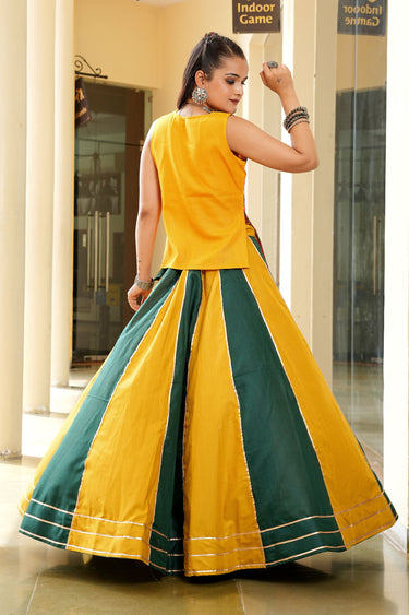 Yellow Cotton Lehenga With Embroidered Mirror Work For Navratri Celebrations