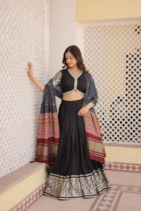 Beguiling Jacquard Work On Black Color Viscose Fabric Lehenga