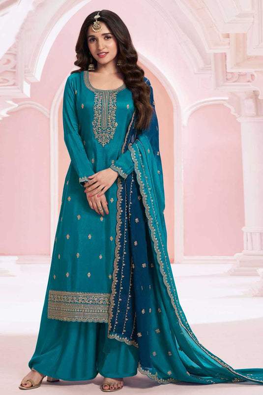 Nidhi shah Alluring Vichitra Fabric Teal Color Palazzo Suit