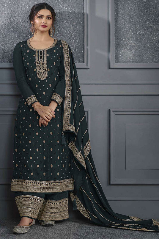 Prachi Desai Dark Green Color Fascinating  Jacquard Silk Palazzo Suit