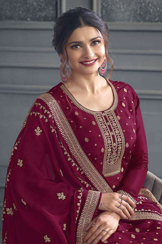 Prachi Desai Magenta Color Charismatic Jacquard Silk Palazzo Suit