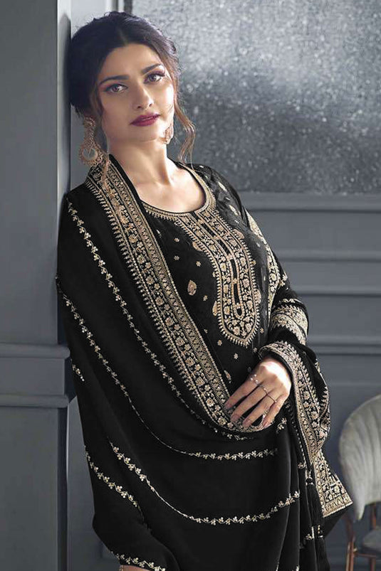 Prachi Desai Fashionable Black Color Jacquard Silk Palazzo Suit