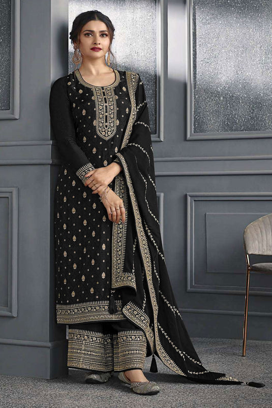 Prachi Desai Fashionable Black Color Jacquard Silk Palazzo Suit