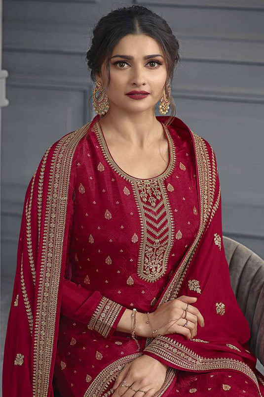 Prachi Desai Red Color Gorgeous Jacquard Silk Palazzo Suit