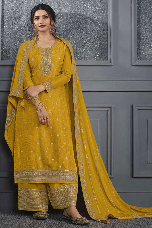 Prachi Desai Yellow Color Glorious Jacquard Silk Palazzo Suit
