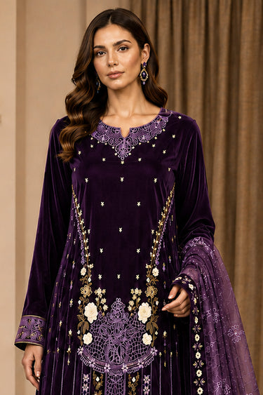 Womens Velvet Embroidered Sharara Suit With Dupatta
