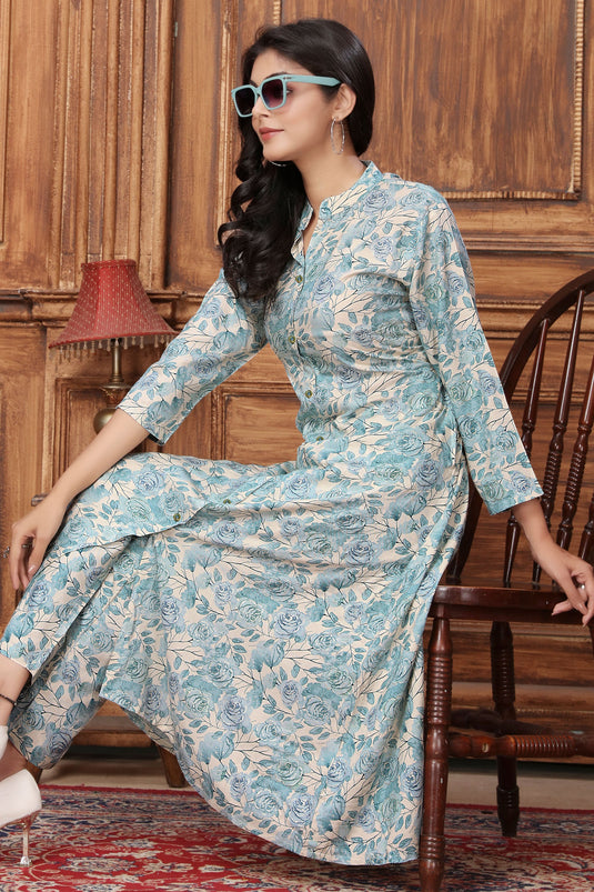 Tempting Rayon Fabric Sky Blue Color Readymade Kurti With Bottom