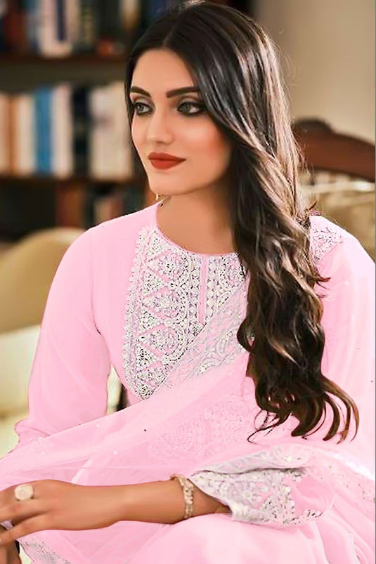 Georgette Fabric Function Wear Lovely Pakistani Suit In Pink Color