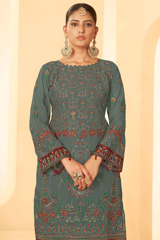 Sea Green Color Georgette Fabric Party Style Awesome Pakistani Replica Suit