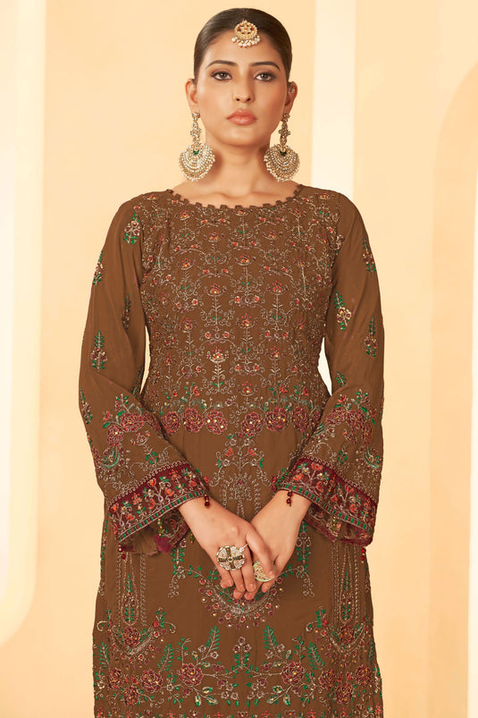 Georgette Fabric Party Style Beatific Pakistani Replica Suit In Brown Color