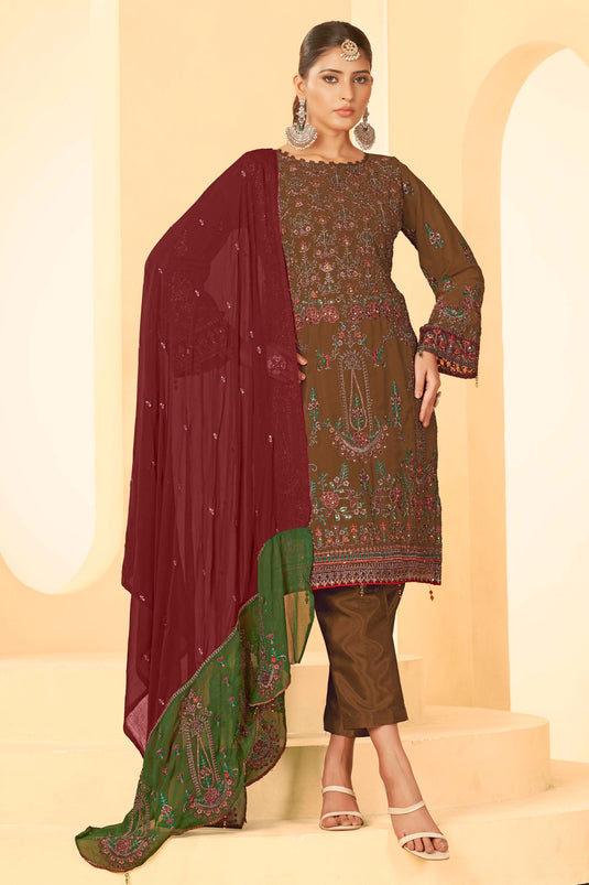 Georgette Fabric Party Style Beatific Pakistani Replica Suit In Brown Color