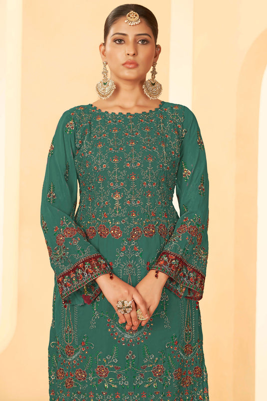 Party Style Teal Green Color Inventive Pakistani Replica Suit In Georgette Fabric