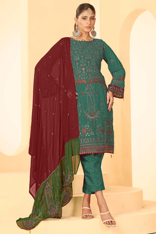Party Style Teal Green Color Inventive Pakistani Replica Suit In Georgette Fabric