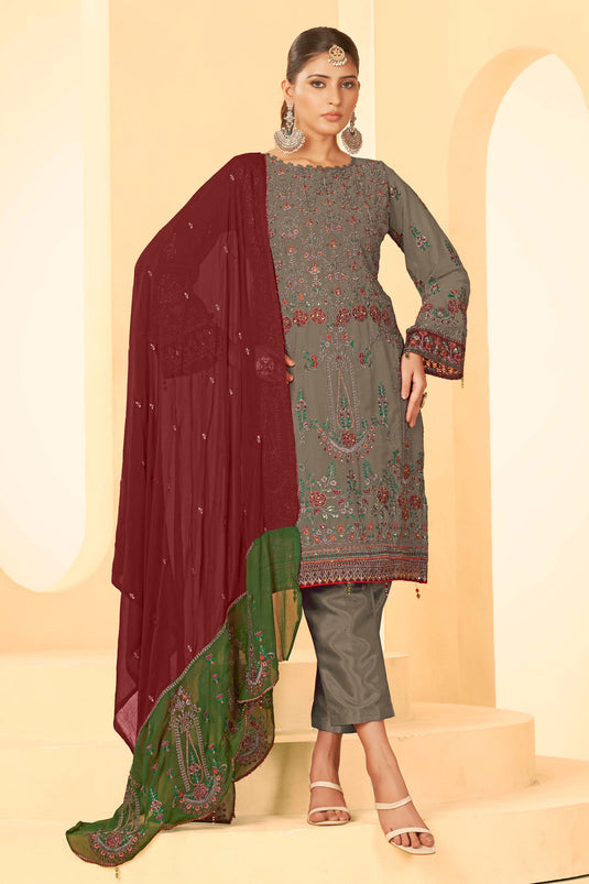 Georgette Fabric Dark Beige Color Party Style Elegant Pakistani Replica Suit