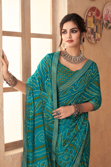 Teal Bandhani Print Attached Banarasi Border Daily Wear Saree