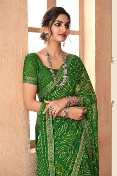 Green Chiffon Bandhani Print Attached Banarasi Border Saree
