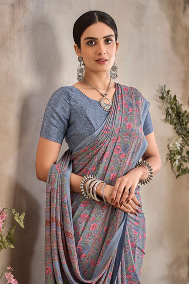 Grey Premium Crepe Silk School Uniform Saree