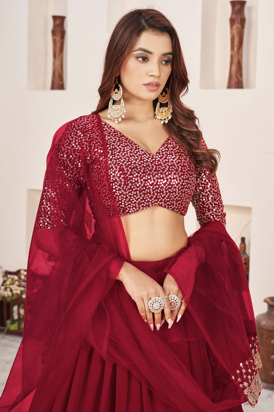 Contemporary Red Color Georgette Lehenga Choli For Sangeet Function