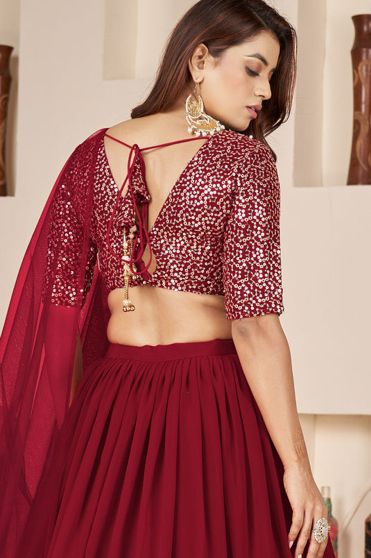 Contemporary Red Color Georgette Lehenga Choli For Sangeet Function