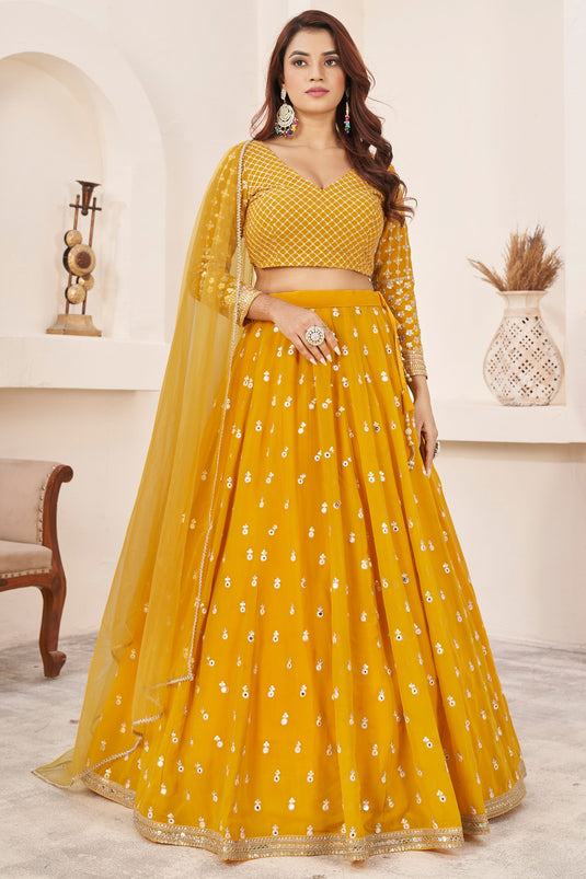 Artistic Georgette Yellow Color Lehenga Choli For Sangeet Function