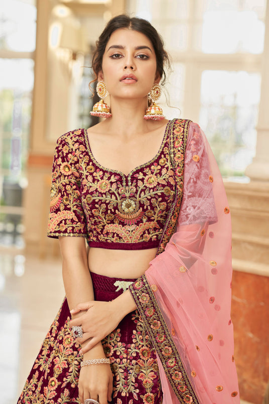 Fashionable Maroon Color Embroidered Velvet Fabric Wedding Wear Lehenga